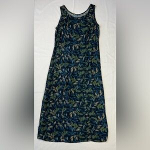 Vintage Leaf Print Sleeveless Midi Dress Tie Back Waist Side Slit XS Lightweight